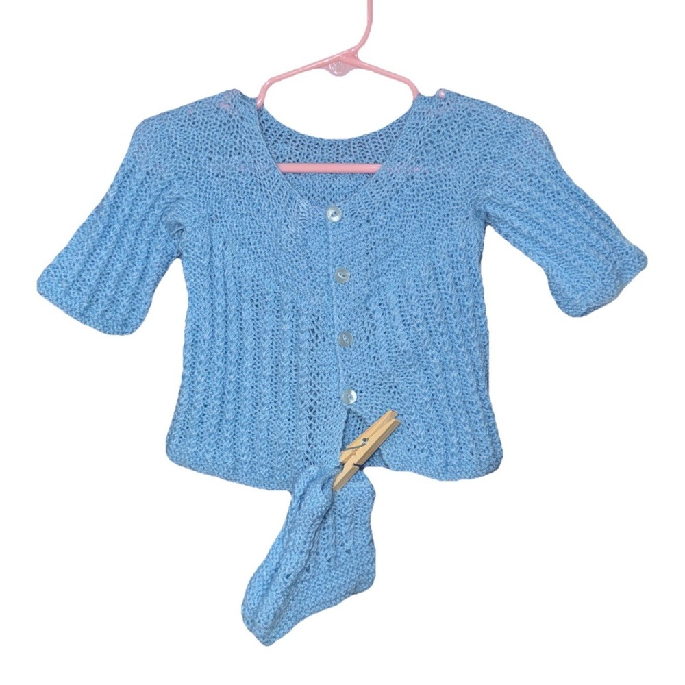 Handmade Crochet Knit Baby Blue Sweater & Booties, Newborn Infant Shower Present